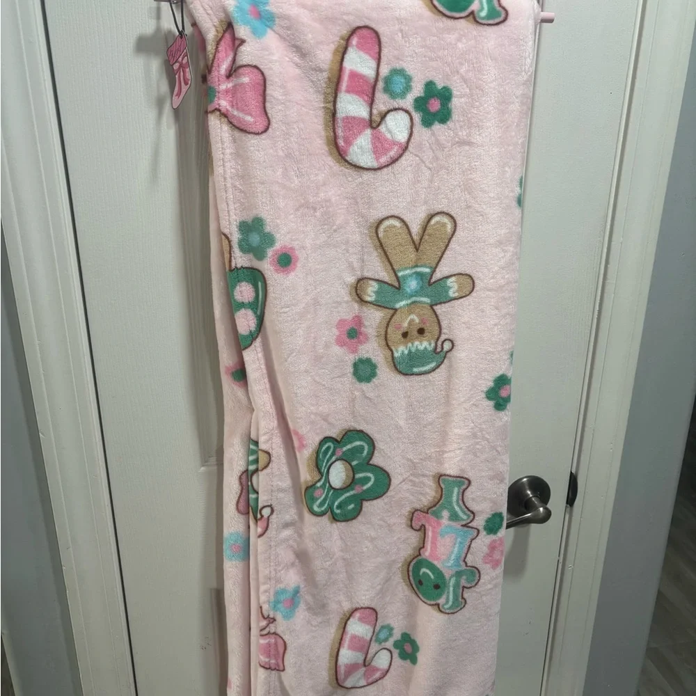 Betsey Johnson Pink Plush Blanket with Floral and Candy Cane Design